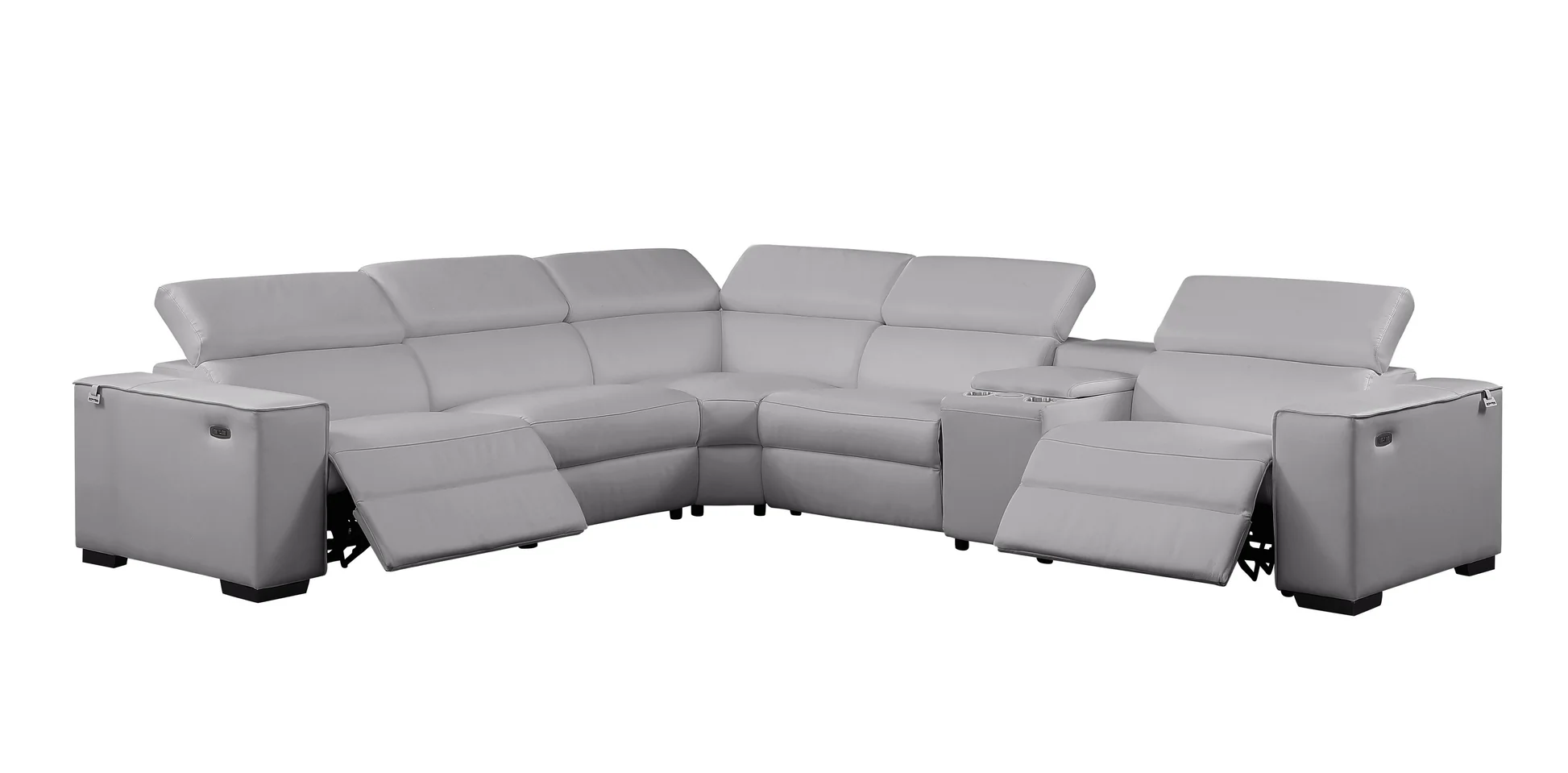 Light grey Italian leather 6-piece sectional sofa with power recliners, power headrests, console with cupholders, and wireless charger – MI-631 Picasso.4