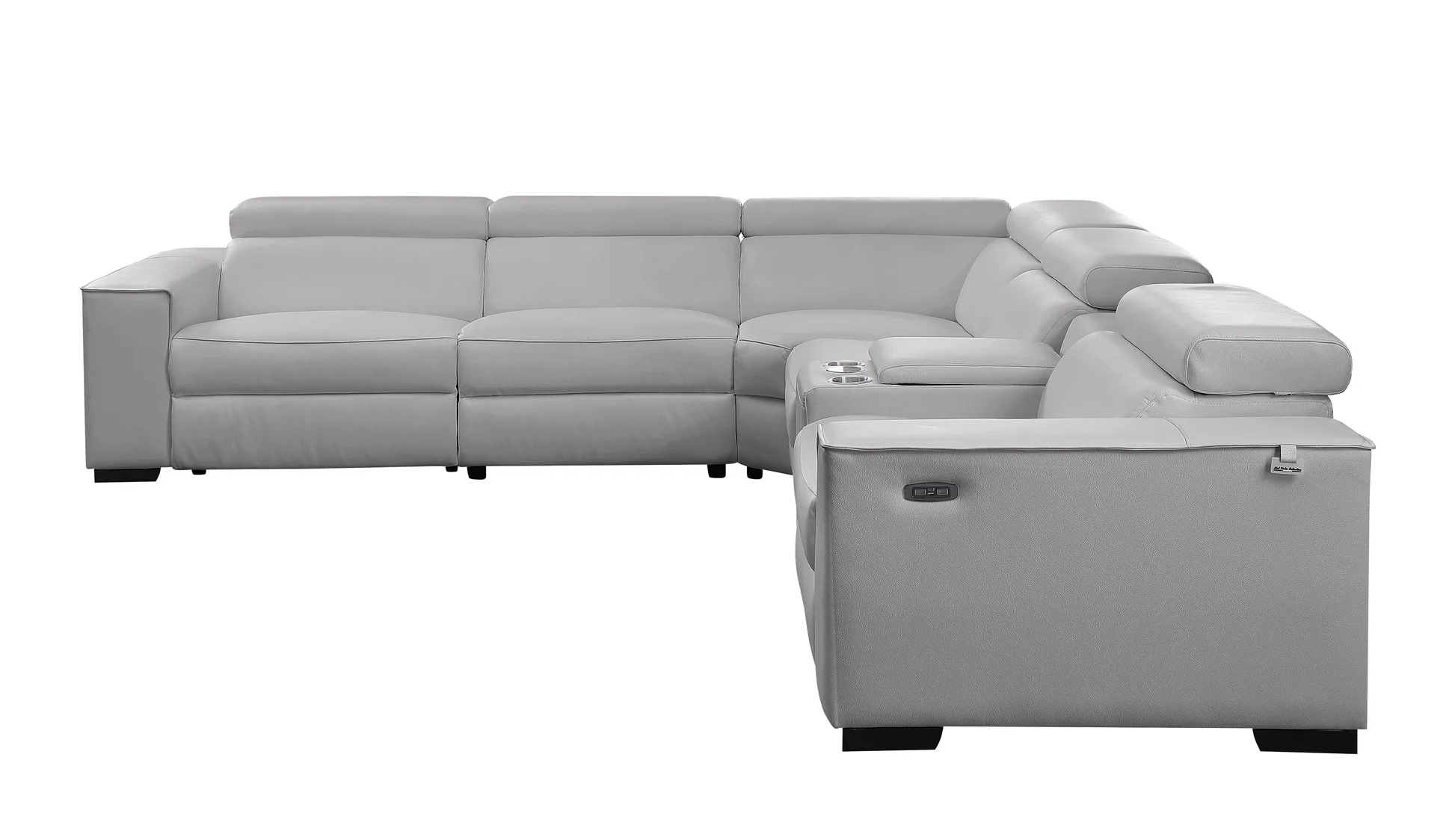 Light grey Italian leather 6-piece sectional sofa with power recliners, power headrests, console with cupholders, and wireless charger – MI-631 Picasso.3