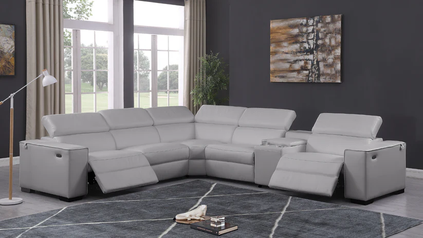 Light grey Italian leather 6-piece sectional sofa with power recliners, power headrests, console with cupholders, and wireless charger – MI-631 Picasso.5