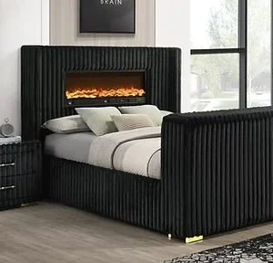 B2040 Henley Bedroom Set – Black Premium Corduroy with LED Fireplace & TV Lift